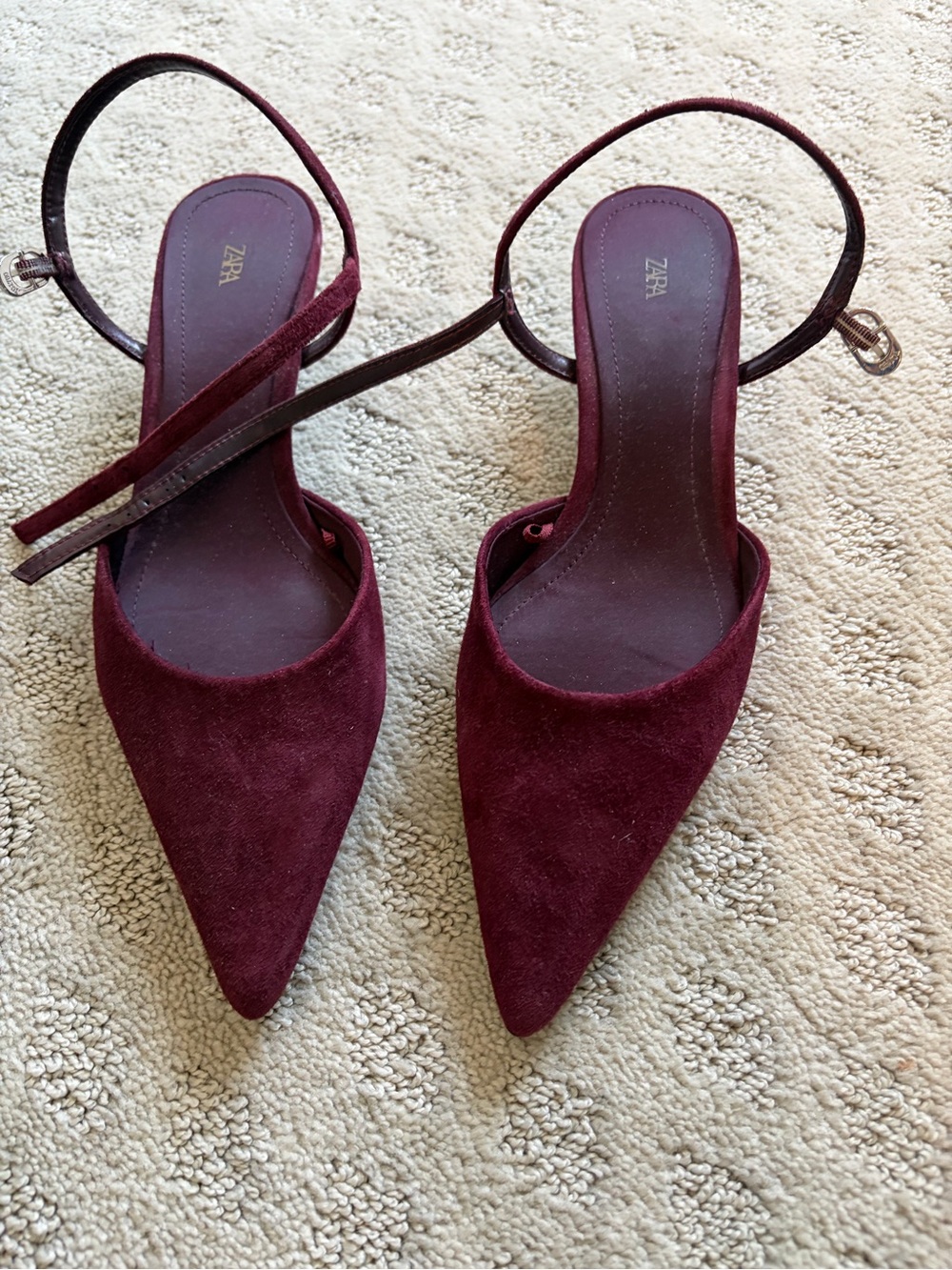 Zara Burgundy Pointed-Toe Suede Slingback Heels